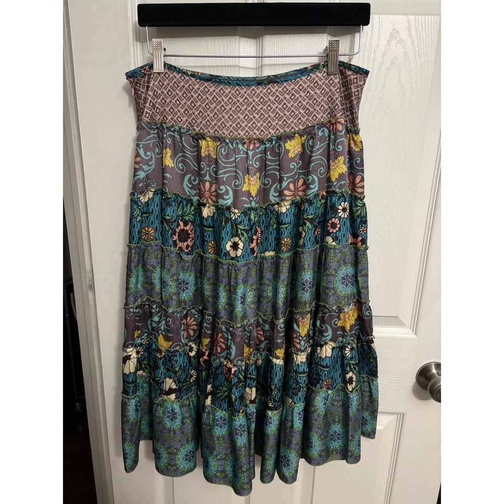 Johnny Was Biya | Silk Midi Tiered Patchwork Skirt Sz‎ M